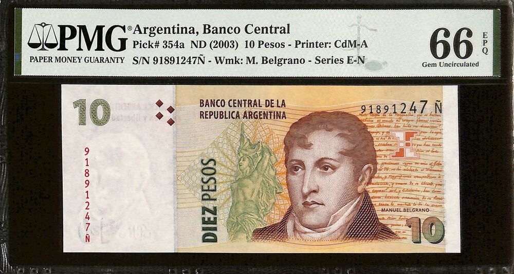 Argentina - 10 Pesos ND (2003) - Pick # 354a - PMG 66 EPQ