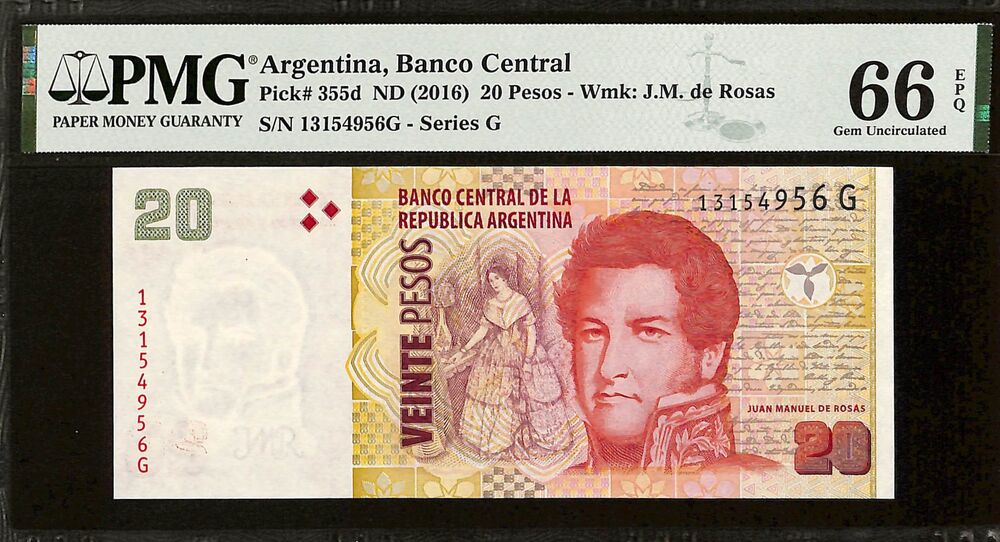 Argentina - 20 Pesos ND (2016) - Pick # 355d - PMG 66 EPQ