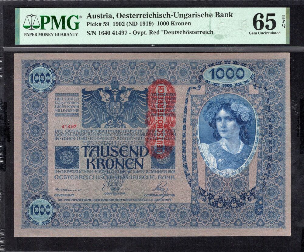 Austria - 1000 Kronen 1902 (ND 1919) - Pick # 59 - PMG 65 EPQ