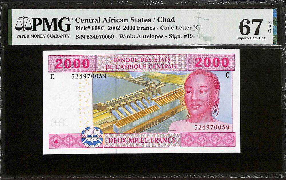 Central African States - Chad - 2000 Francs 2002 - Pick # 608C - PMG 67 EPQ