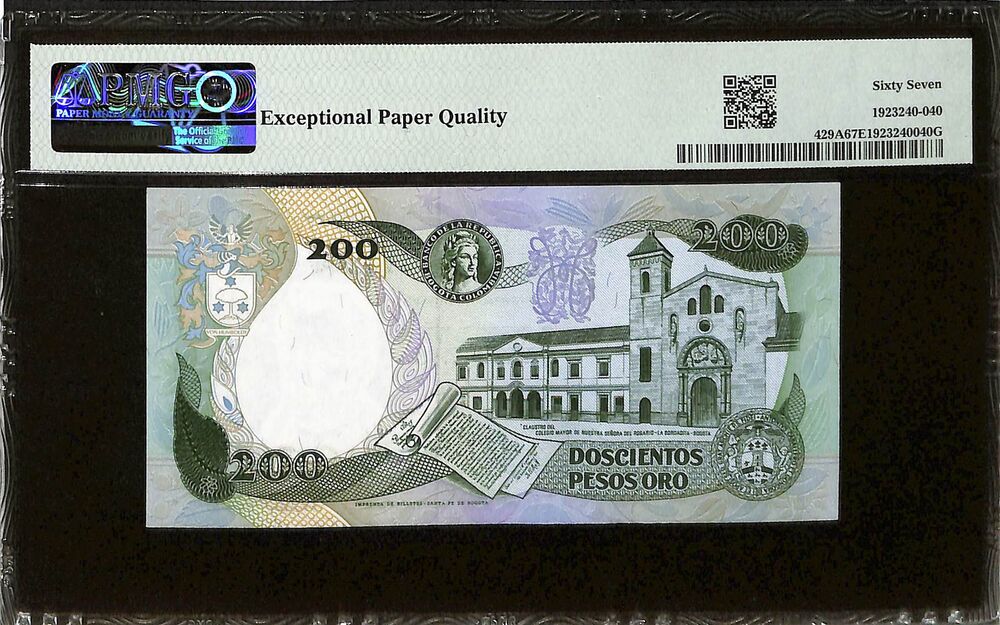 Colombia - 200 Pesos Oro 1992 - Pick # 429A - PMG 67 EPQ