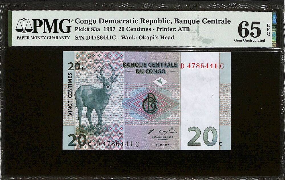 Congo Democratic Republic - 20 Centimes 1997 - Pick # 83a - PMG 65 EPQ