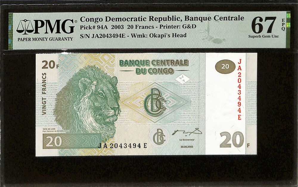 Congo Democratic Republic - 20 Francs 2003 - Pick # 94A - PMG 67 EPQ