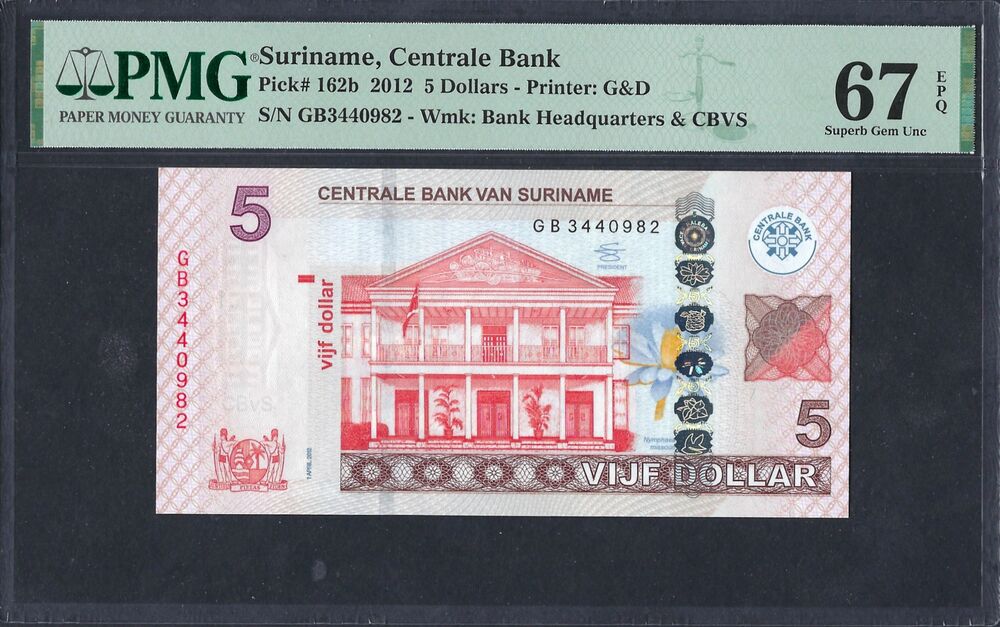 Suriname - 5 Dollars 2012 - Pick # 162b - PMG 67 EPQ