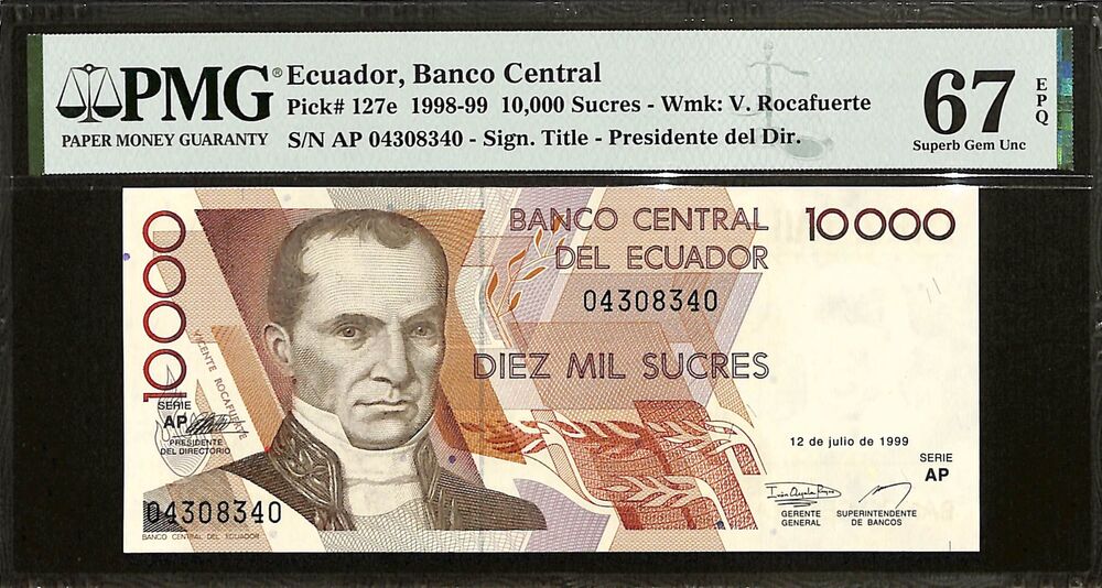Ecuador - 10.000 Sucres 1998-99 - Pick # 127e - PMG 67 EPQ