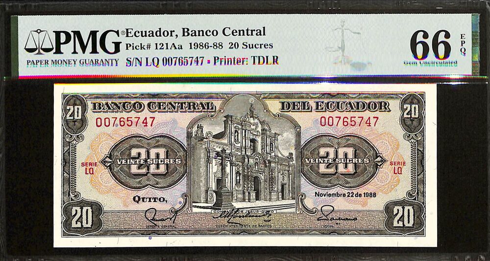 Ecuador - 20 Sucres 1986-88 - Pick # 121Aa - PMG 66 EPQ