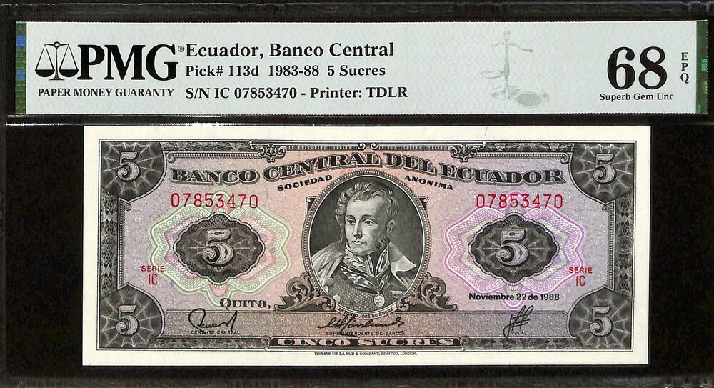 Ecuador - 5 Sucres 1983-88 - Pick # 113d - PMG 68 EPQ