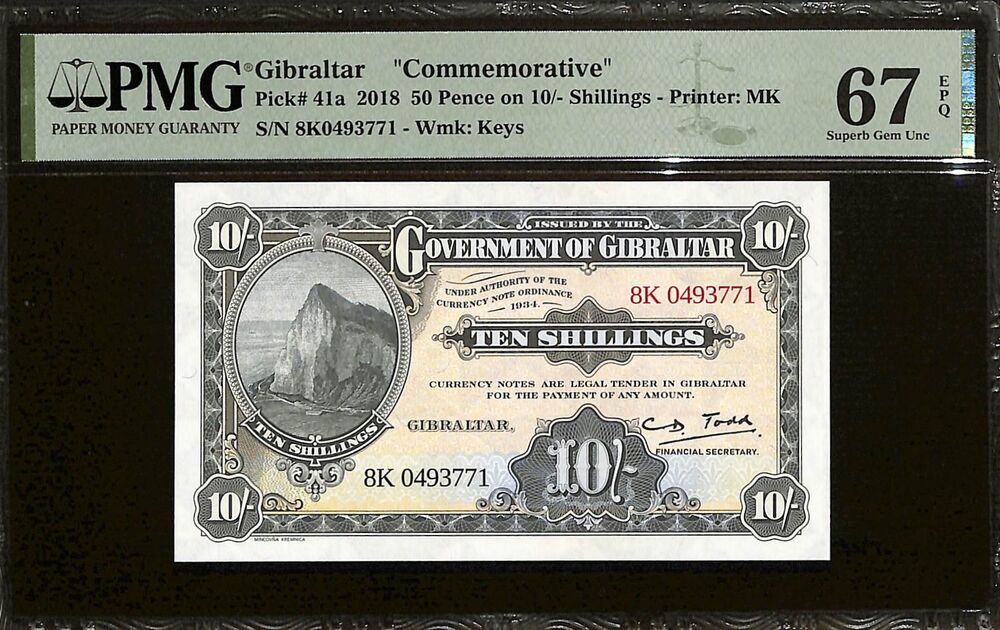 Gibraltar - 50 Pence on 10 Shillings 2018 - Pick # 41a - COMMEMORATIVE - PMG 67 EPQ