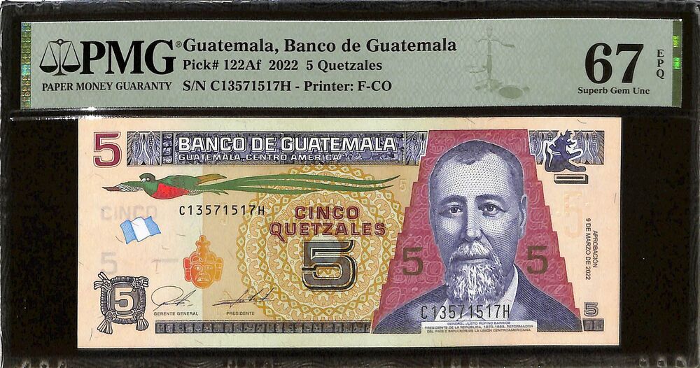 Guatemala - 5 Quetzales 2022 - Pick # 122Af - PMG 67 EPQ
