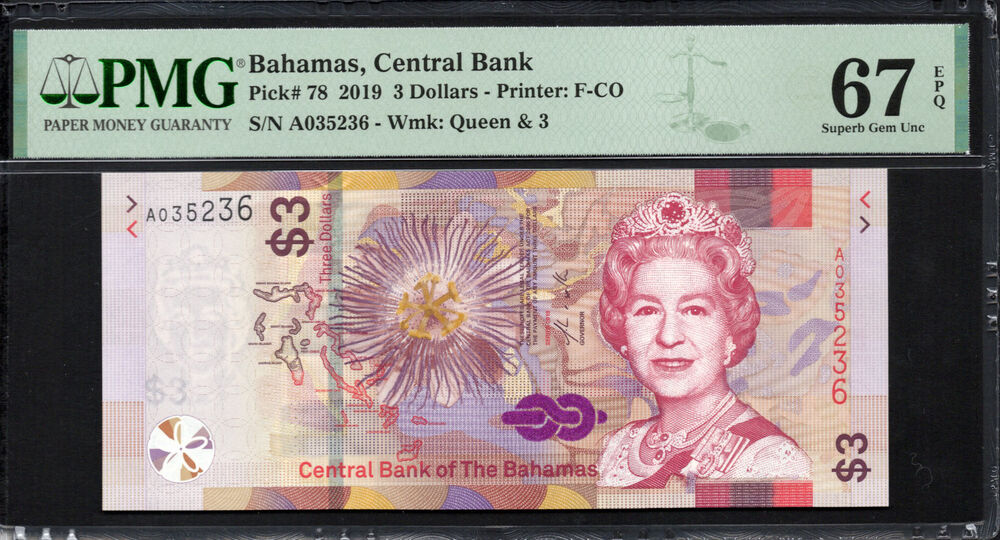 Bahamas - 3 Dollars 2019 - Pick # 78 - PMG 67 EPQ