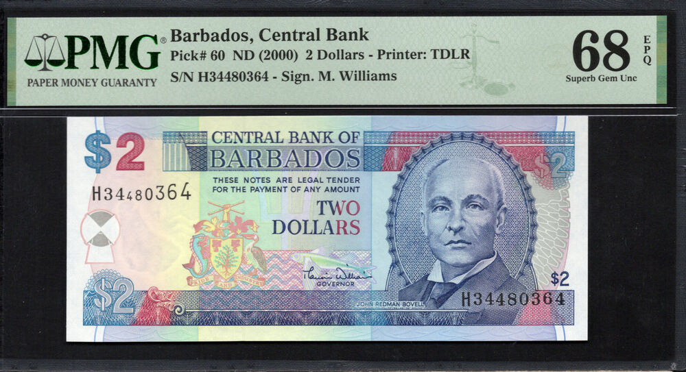 Barbados - 2 Dollars ND (2000) - Pick # 60 - PMG 68 EPQ
