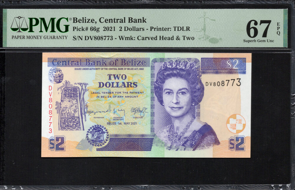 Belize - 2 Dollars 2021 - Pick # 66g - PMG 67 EPQ