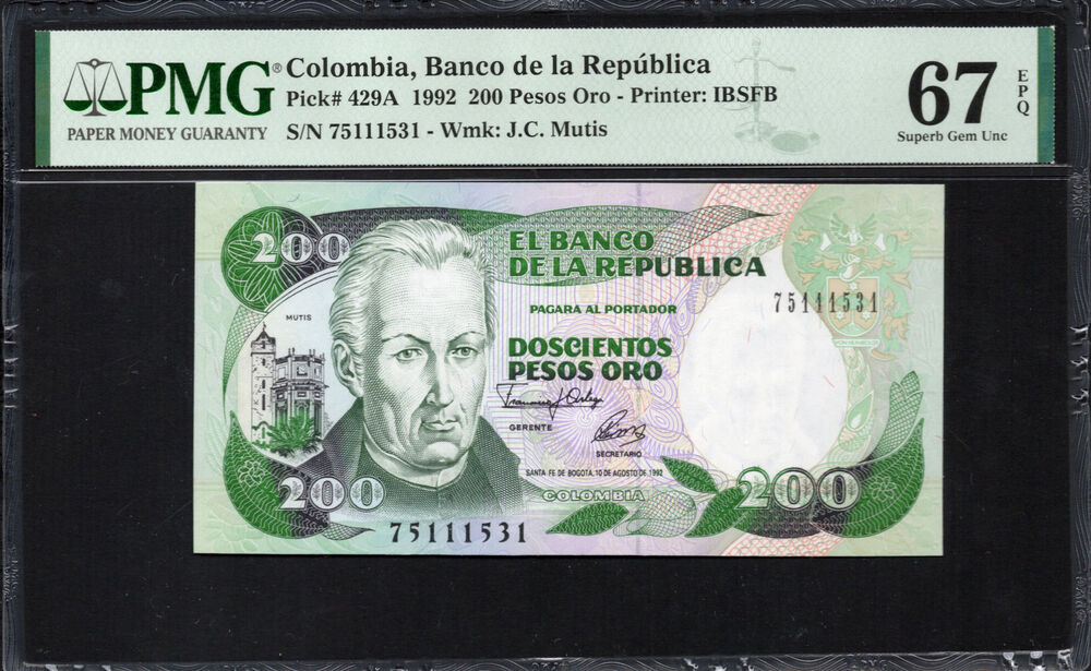 Colombia - 200 Pesos Oro 1992 - Pick # 429A - PMG 67 EPQ