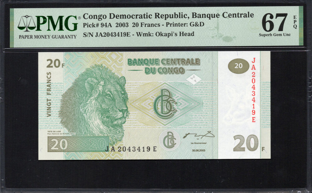 Congo - 20 Francs 2003 - Pick # 94A - PMG 67 EPQ