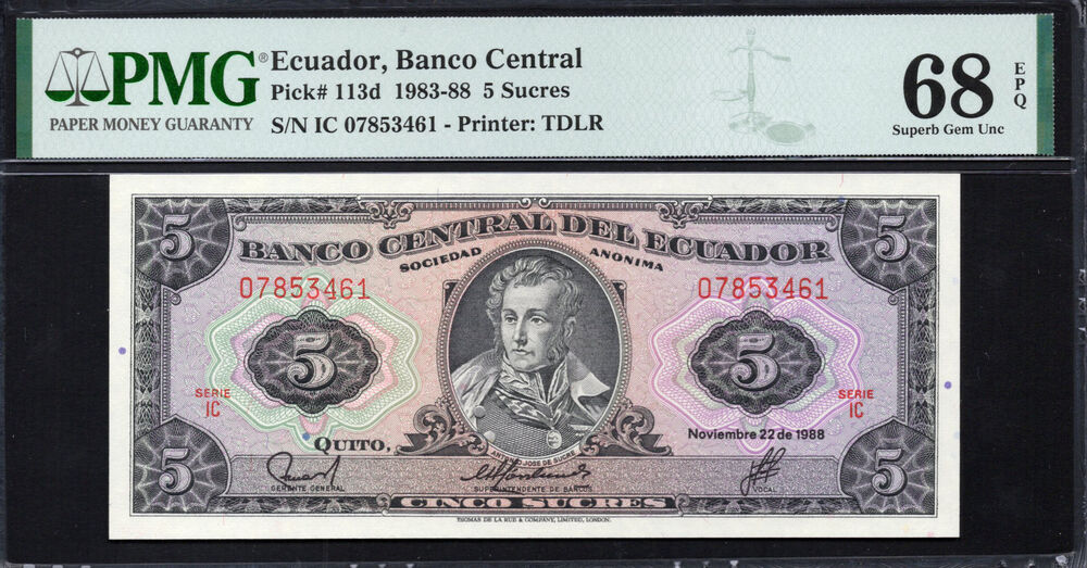Ecuador - 5 Sucres 1983-88 - Pick # 113d - PMG 68 EPQ