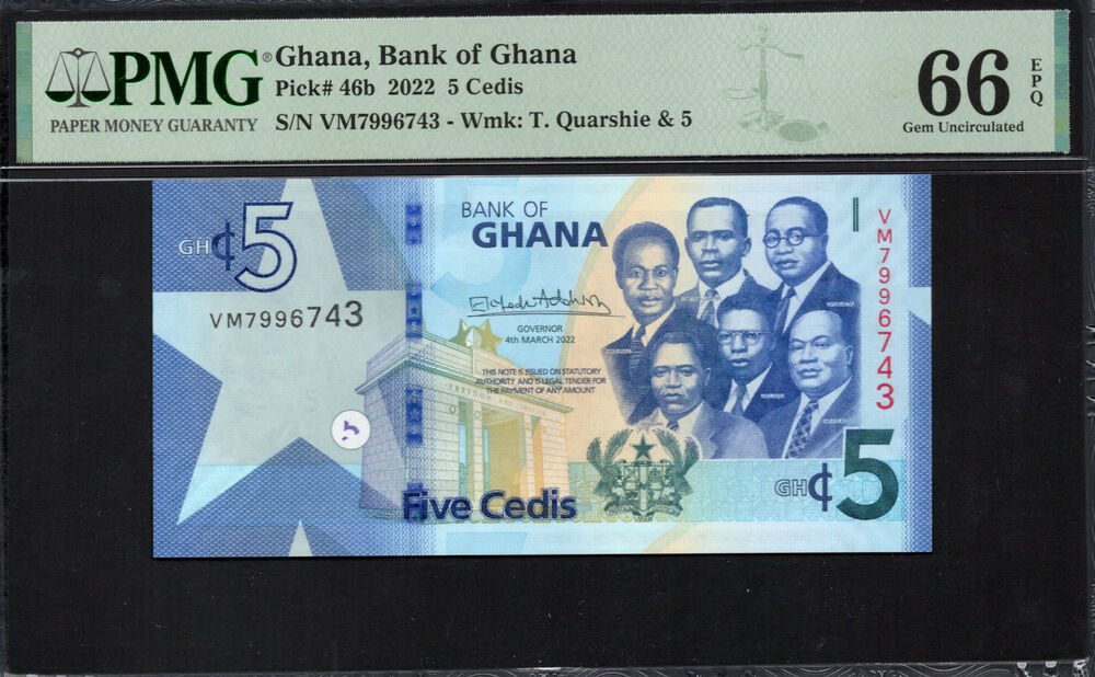 Ghana - 5 Cedis 2022 - Pick # 46b - PMG 66 EPQ