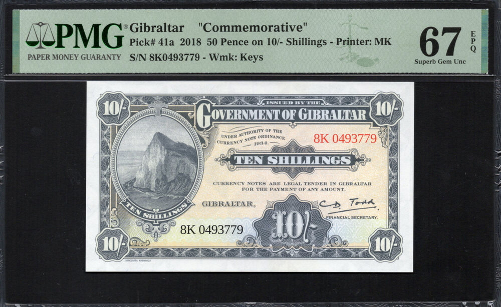 Gibraltar - 50 Pence on 10 Shillings 2018 - Pick # 41a - COMMEMORATIVE - PMG 67 EPQ