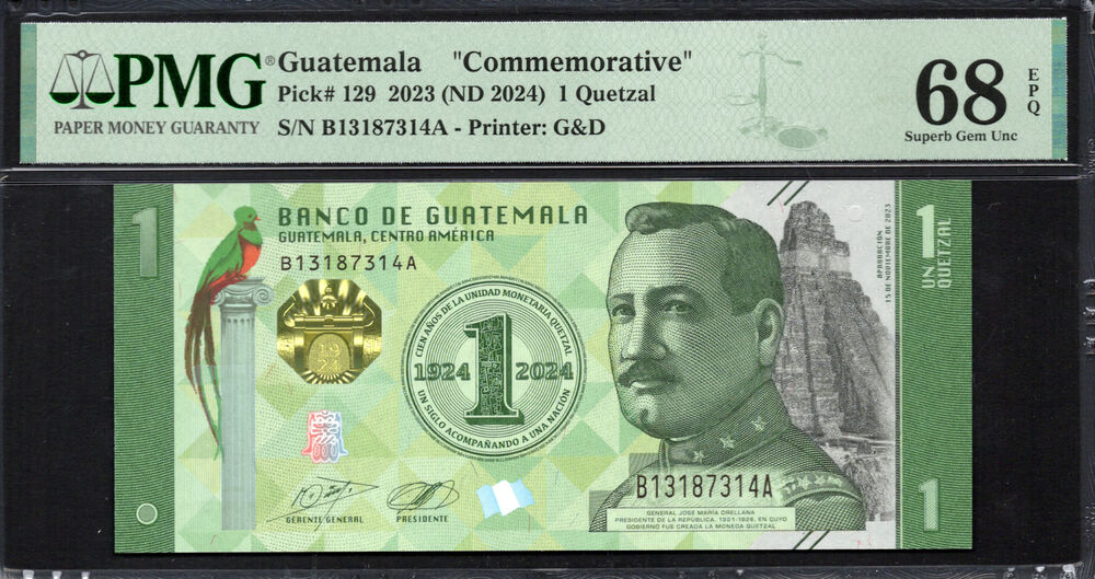 Guatemala - 1 Quetzal 2023 - Pick # 129 - COMMEMORATIVE - PMG 68 EPQ