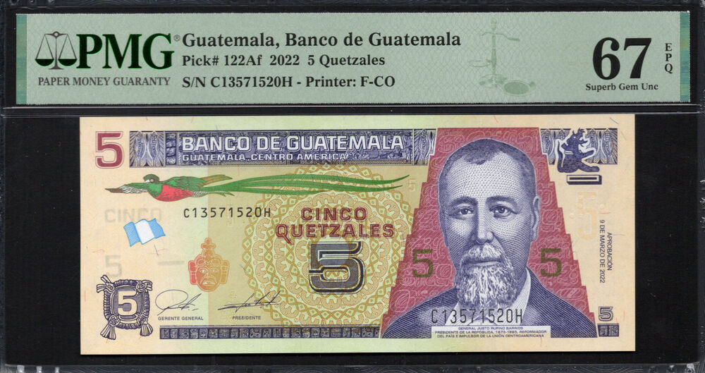 Guatemala - 5 Quetzales 2022 - Pick # 122Af - PMG 67 EPQ