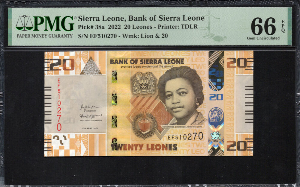 Sierra Leone - 20 Leones 2022 - Pick # 38a - PMG 66 EPQ