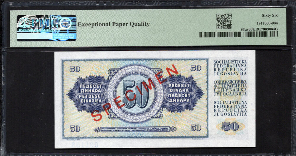 Yugoslavia - 50 Dinara 1968 - Pick # 83as - SPECIMEN - PMG 66 EPQ