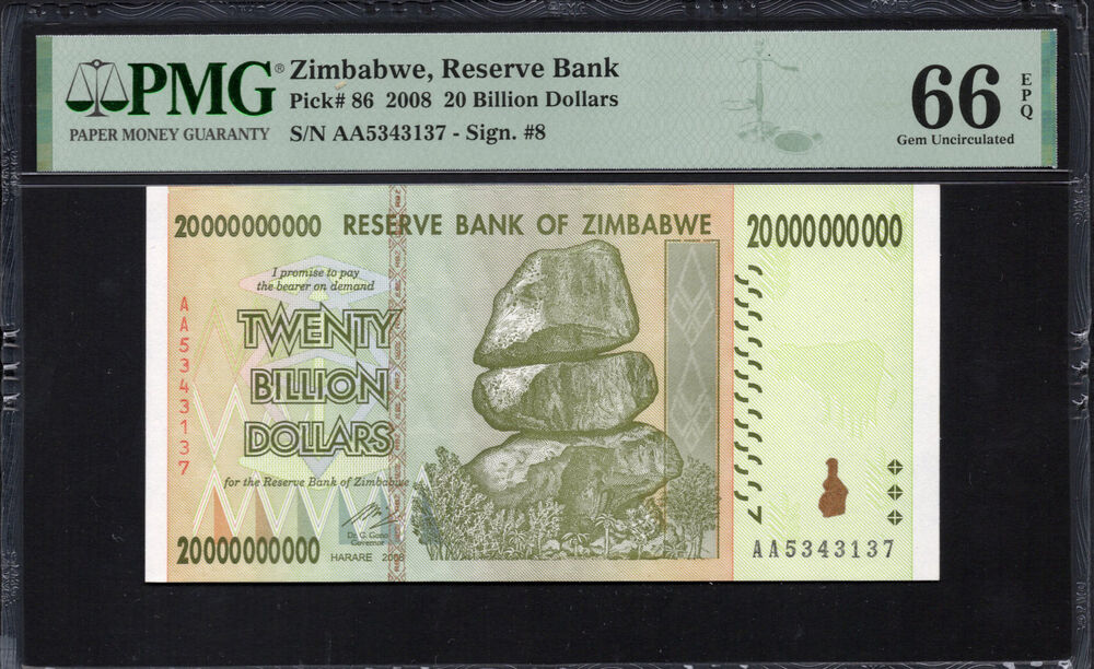 Zimbabwe - 20 Billion Dollars 2008 - Pick # 86 - PMG 66 EPQ