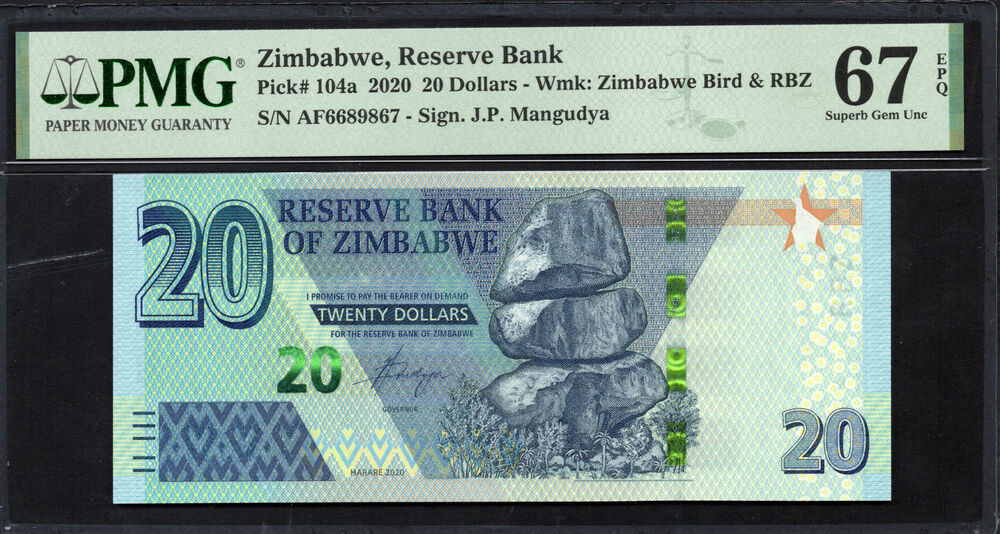 Zimbabwe - 20 Dollars 2020 - Pick # 104a - PMG 67 EPQ