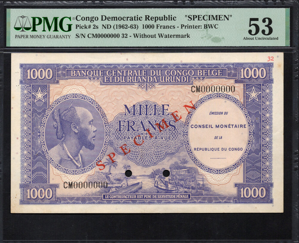 Congo Democratic Republic - 1000 Francs 1962-63 - Pick # 2s - SPECIMEN - PMG 53