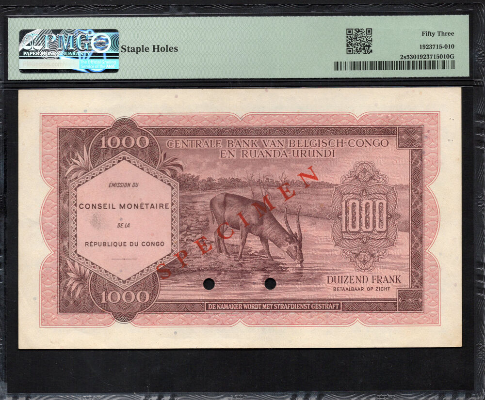 Congo Democratic Republic - 1000 Francs 1962-63 - Pick # 2s - SPECIMEN - PMG 53
