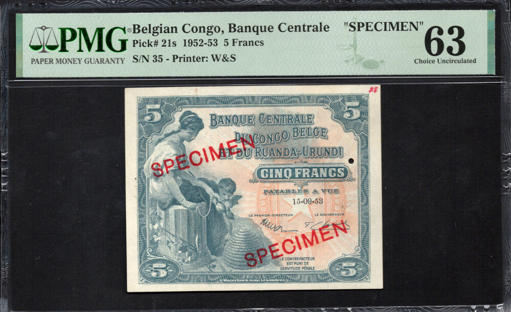 Belgian Congo - 5 Francs 1952-53 - Pick # 21s - SPECIMEN - PMG 63