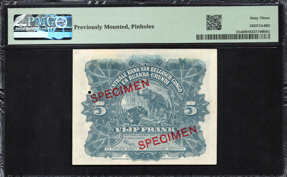 Belgian Congo - 5 Francs 1952-53 - Pick # 21s - SPECIMEN - PMG 63