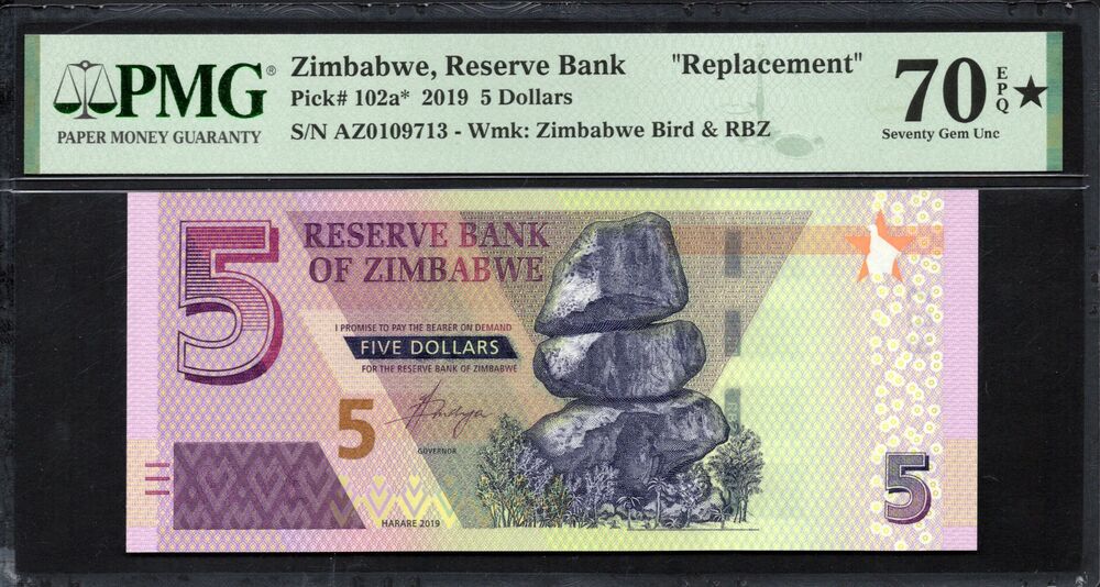 Zimbabwe - 5 Dollars 2019 - Pick # 102a - REPLACEMENT - PMG 70 EPQ