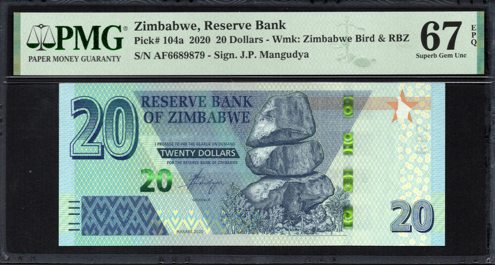 Zimbabwe - 20 Dollars 2020 - Pick # 104a - PMG 67 EPQ