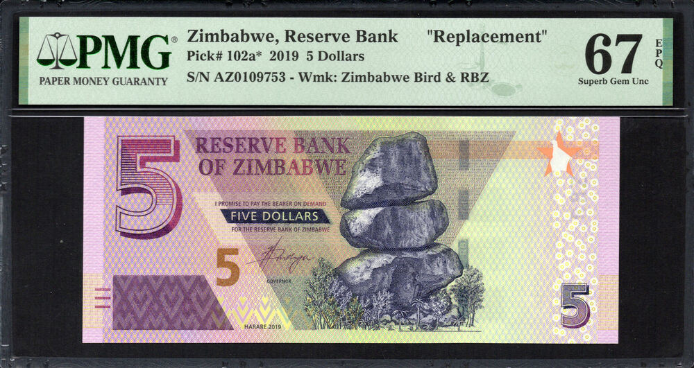 Zimbabwe - 5 Dollars 2019 - Pick # 102a - PMG 67 EPQ