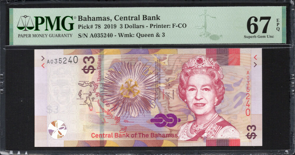 Bahamas - 3 Dollars 2019 - Pick # 78 - PMG 67 EPQ