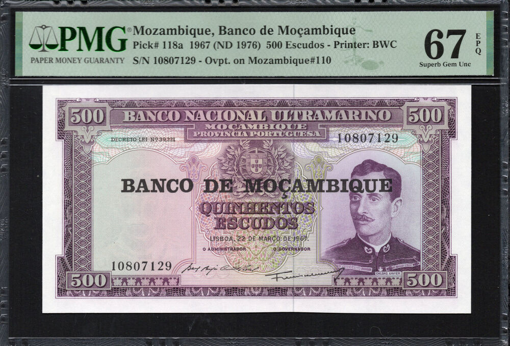Mozambique - 500 Escudos 1967 - Pick # 118a - PMG 67 EPQ