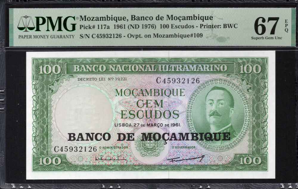 Mozambique - 100 Escudos 1961 - Pick # 117a - PMG 67 EPQ