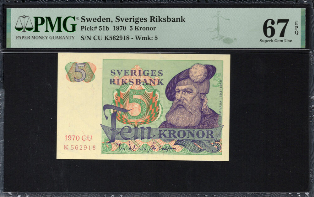Sweden - 5 Kronor 1970 - Pick # 51b - PMG 67 EPQ