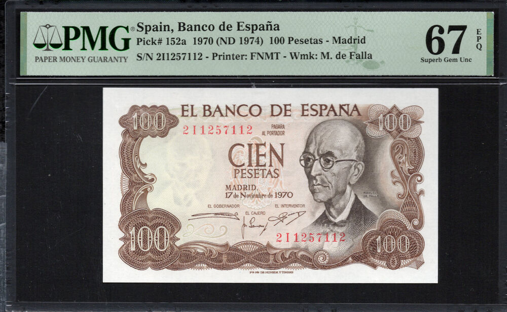 Spain - 100 Pesetas 1970 - Pick # 152a - PMG 67 EPQ