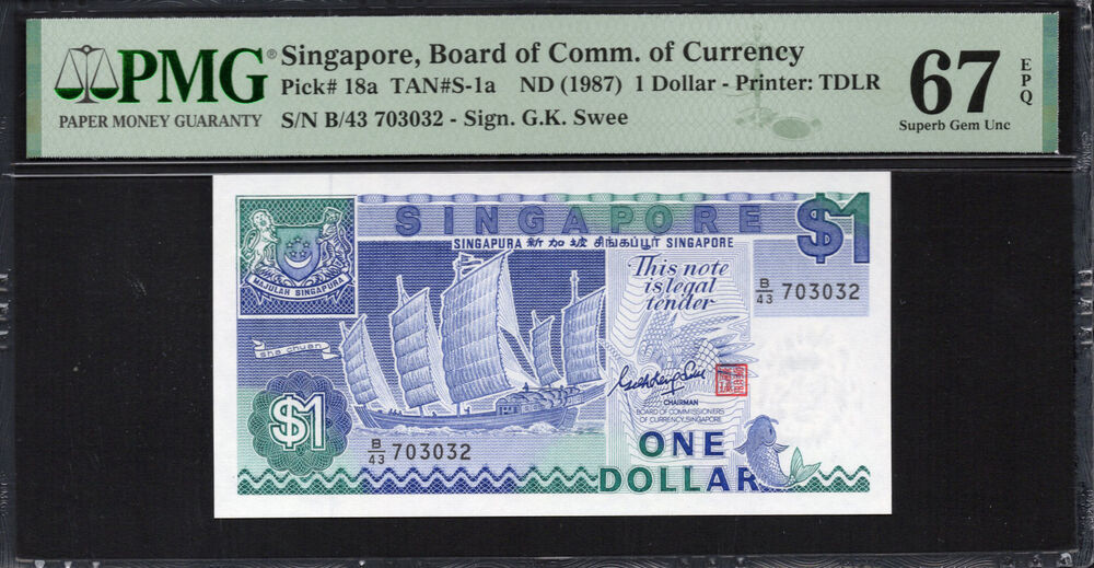Singapore - 1 Dollar 1987 - Pick # 18a - PMG 67 EPQ