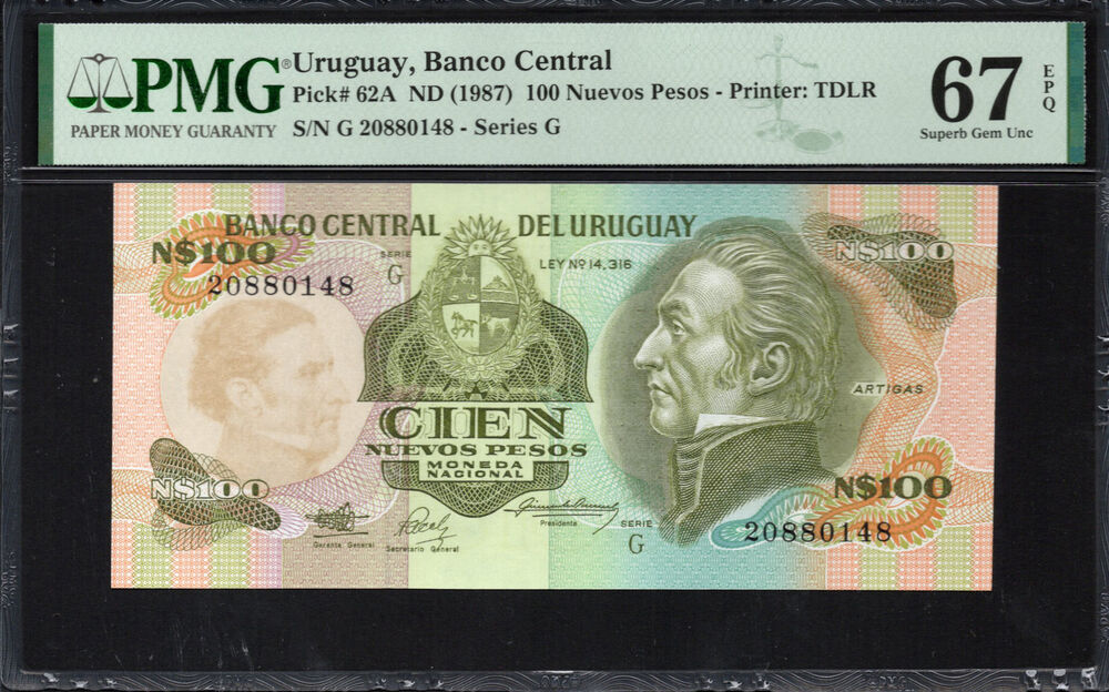 Uruguay - 100 Nuevos Pesos 1987 - Pick # 62A - PMG 67 EPQ