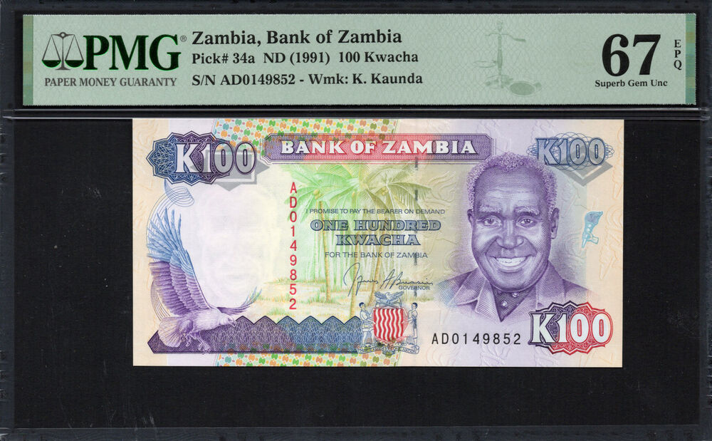 Zambia - 100 Kwacha 1991 - Pick # 34a - PMG 67 EPQ