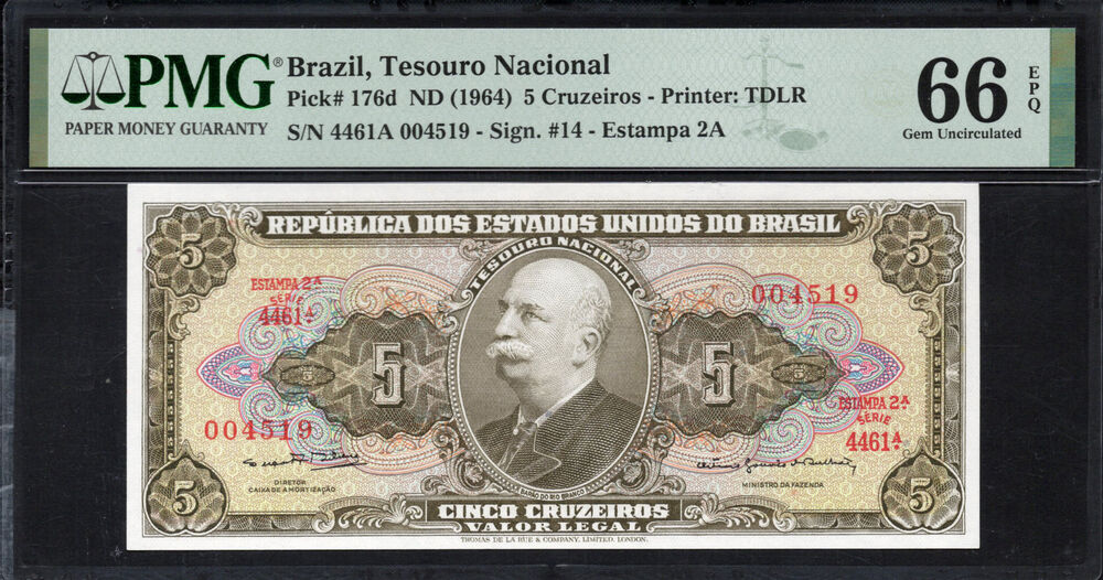 Brazil - 5 Cruzeiros 1964 - Pick # 176d - PMG 66 EPQ