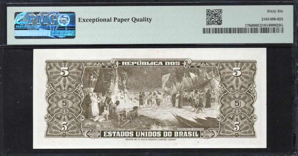 Brazil - 5 Cruzeiros 1964 - Pick # 176d - PMG 66 EPQ