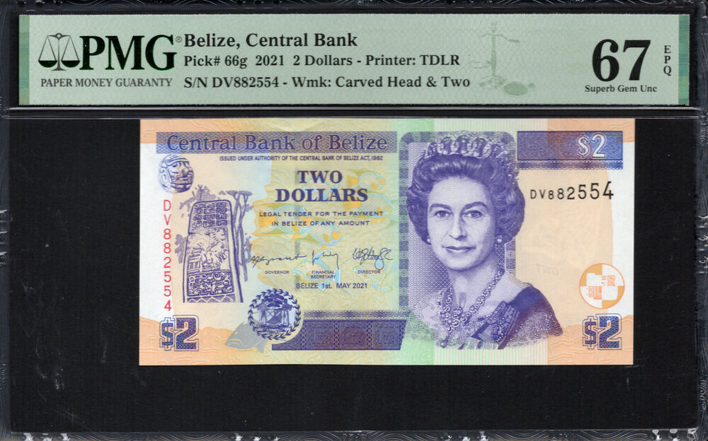 Belize - 2 Dollars 2021 - Pick # 66g - PMG 67 EPQ