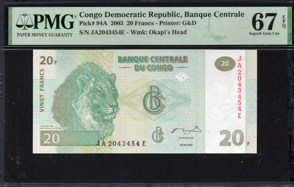 Congo - 20 Francs 2003 - Pick # 94A - PMG 67 EPQ