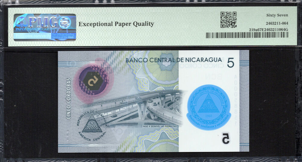 Nicaragua - 5 Córdobas 2019 - Pick # 219a - PMG 67 EPQ