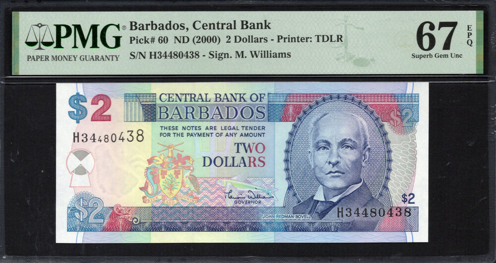 Barbados - 2 Dollars 2000 - Pick # 60 - PMG 67 EPQ
