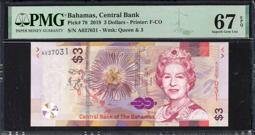 Bahamas - 3 Dollars 2019 - Pick # 78 - PMG 67 EPQ