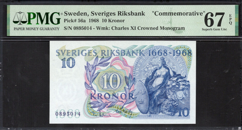 Sweden - 10 Kronor 1968 - Pick # 56a - PMG 67 EPQ